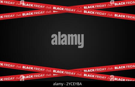 Rubans rouges pour la vente du Black Friday sur fond noir. Ruban croisé avec lettrage solde vendredi fou. Rubans de zone de réduction. Eléments de conception. Illustration de Vecteur