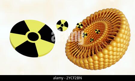 rendu 3d du liposome et symbole radioactif. ils ont un potentiel dans les applications médicales, en particulier dans l'imagerie et la thérapie ciblée. Banque D'Images