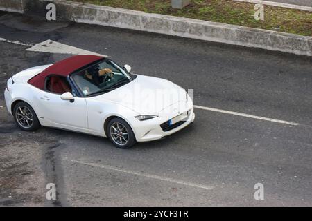 Homme conduisant une mazda mx 5 blanche cabriolet avec toit souple rouge sur une route pendant une journée ensoleillée Banque D'Images