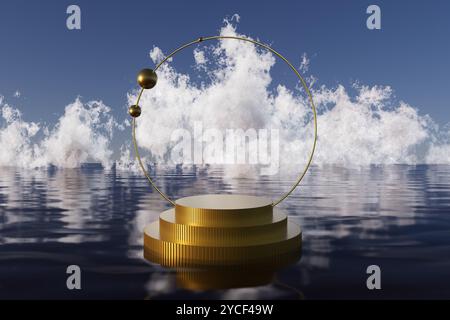 Un podium d'or flotte sur l'eau devant un ciel nuageux Banque D'Images