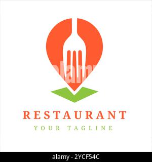 Logo de restaurant unique avec conception de fourchette intégrée dans le symbole d'épingle d'emplacement, adapté aux affaires culinaires, aux applications alimentaires ou aux restaurants modernes. Illustration de Vecteur