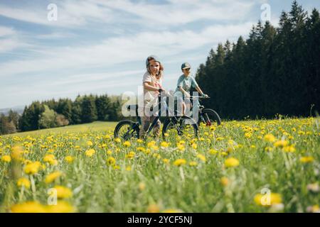 Enfants faisant du vélo dans un pré Banque D'Images