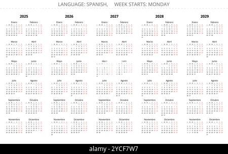 calendriers annuels espagnols verticaux 2025, 2026, 2027, 2028, 2029. Ensemble d'illustration vectorielle simple pour l'Espagne - Espanol Calendario Illustration de Vecteur