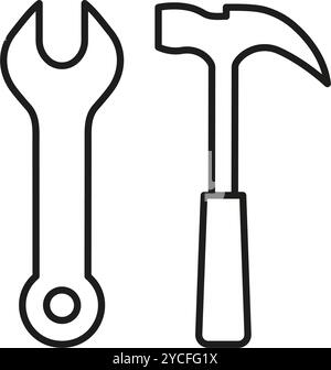 Icône de ligne de clé et de marteau pour le support technique et les services de réparation. Symbole outil de construction et de réparation. Maintenance et entretien. Contour modifiable Illustration de Vecteur