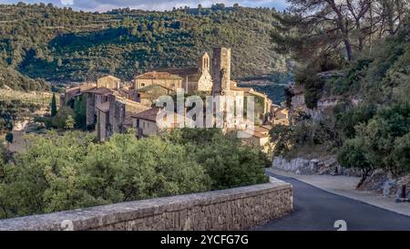 Les vestiges de la tour de l'ancien château ont été construits au XIII siècle. Le village médiéval a été construit sur un rocher et est considéré comme le dernier refuge des Cathares. Les plus beaux villages de France (les plus beaux villages de France). La commune fait partie du Parc naturel régional du Haut Languedoc. Banque D'Images