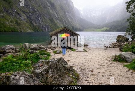 Temps pluvieux à Obersee, Berchtesgadener Land, Berchtesgaden National Park, Bavière, Allemagne Banque D'Images