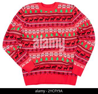 Pull tricoté rouge à col ras du cou de Noël isolé sur fond blanc Banque D'Images