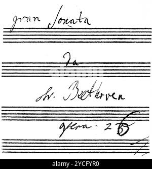 Signature de la Grande Sonate pour Hammerklavier par le compositeur allemand Ludwig van Beethoven, histoire de la musique allemande, illustration historique 1892 Banque D'Images