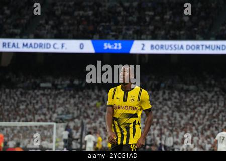 Madrid, Espagne. 22 octobre 2024. 43 Jamie Bynoe-Gittens du Borussia Dortmund lors de la Ligue des Champions de l'UEFA, phase de Ligue, match de football de la journée 3 entre le Real Madrid et le Borussia Dortmund le 22 octobre 2024 au stade Santiago Bernabeu de Madrid, Espagne - photo Laurent Lairys/DPPI crédit : DPPI Media/Alamy Live News Banque D'Images