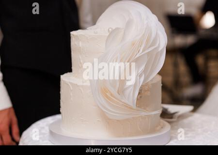 Élégant gâteau de mariage blanc avec détails fondants complexes et décor floral. Banque D'Images