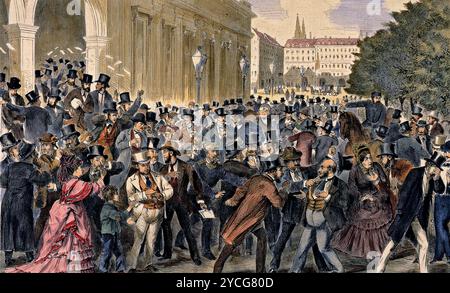 BOURSE DE VIENNE le vendredi noir, 9 mai 1873 dans une gravure contemporaine sur bois coloré. Banque D'Images