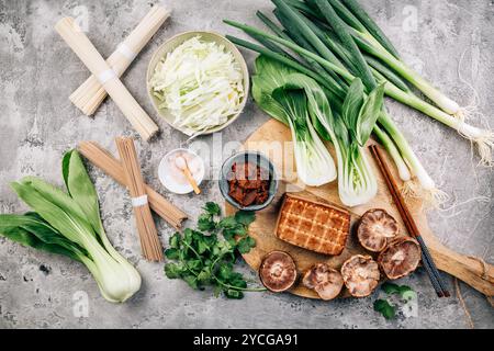 Ingrédients pour soupe miso végétalienne avec tofu et légumes Banque D'Images