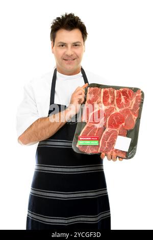 Butcher avec bac de steak Banque D'Images