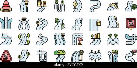 Cette collection vibrante d'icônes routières sinueuses présente divers itinéraires, symbolisant les possibilités et les choix passionnants que nous rencontrons au cours du voyage de la vie Illustration de Vecteur