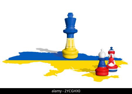 Échecs fabriqués à partir de l'Ukraine et de la Russie avec drapeaux de Corée du Nord sur une carte de drapeau de l'Ukraine. Banque D'Images