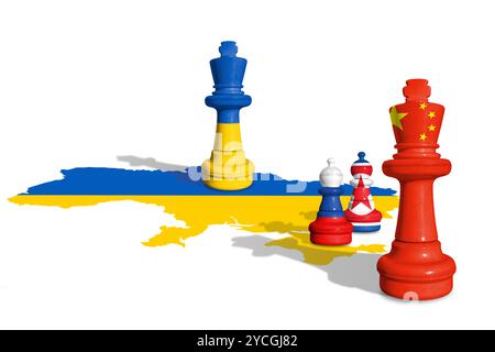 Échecs fabriqués à partir d'Ukraine et de Russie avec drapeaux de Corée du Nord et de Chine sur une carte de drapeau de l'Ukraine. Banque D'Images