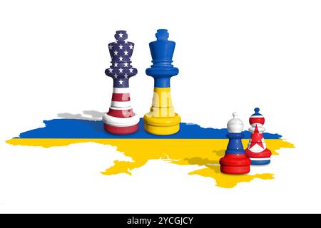 Échecs fabriqués à partir de l'Ukraine et de la Russie avec les drapeaux de la Corée du Nord et des États-Unis sur une carte de drapeau de l'Ukraine. Banque D'Images