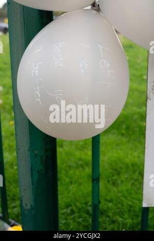 Datchet, Berkshire, Royaume-Uni. 23 octobre 2024. Des hommages floraux et des messages ont été diffusés devant Liquid Leisure à Datchet, Berkshire, suite à la mort tragique de l'adolescent Aidan Tottman. Un rapport d'une collision routière à l'extérieur du Liquid Leisure Centre sur le chemin Horton a été fait à la police de Thames Valley à 16h07 le samedi 19 octobre 2024. Malheureusement, l'un des garçons est mort à l'hôpital le dimanche 20 octobre 2024. Crédit : n.c/Alamy Live News Banque D'Images