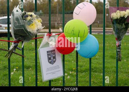 Datchet, Berkshire, Royaume-Uni. 23 octobre 2024. Des hommages floraux et des messages ont été diffusés devant Liquid Leisure à Datchet, Berkshire, suite à la mort tragique de l'adolescent Aidan Tottman. Un rapport d'une collision routière à l'extérieur du Liquid Leisure Centre sur le chemin Horton a été fait à la police de Thames Valley à 16h07 le samedi 19 octobre 2024. Malheureusement, l'un des garçons est mort à l'hôpital le dimanche 20 octobre 2024. Crédit : n.c/Alamy Live News Banque D'Images