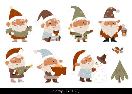 Ensemble de gnomes de Noël. Bonhomme de neige, lanterne, étoiles, cacao, cadeau, arbre de Noël, décor, bullfinch. Personnages de Noël ludiques fun scandinave gnome c Illustration de Vecteur