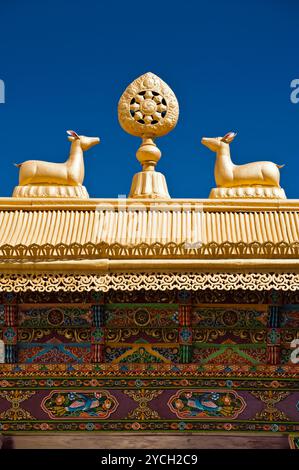 Portes du monastère tibétain. Symboles bouddhistes : roue de dharma et cerf sur le toit décoré sous le ciel bleu à Thiksey Gompa. Inde, Ladakh, monastère de Thiksey Banque D'Images