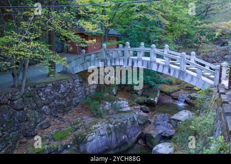 Ulsan, Corée du Sud - 22 octobre 2023 : un pont de pierre traditionnel enjambe un ruisseau serein dans la vallée de Seoknamsa près du temple de Seoknamsa, entouré de végétation luxuriante Banque D'Images