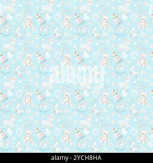 Jouets pour tout-petits. Motif aquarelle dans des couleurs pastel. Modèle sans couture avec jouets pour bébé dessinés à la main. Convient pour la décoration des intérieurs, des emballages et des textiles des enfants Banque D'Images