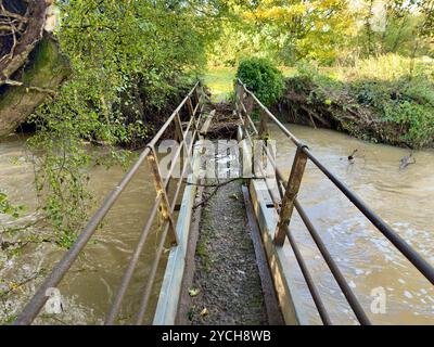 Passerelle étroite au-dessus d'un ruisseau inondé avec des bâtons et des branches pris sur le sentier après une inondation récente. Banque D'Images