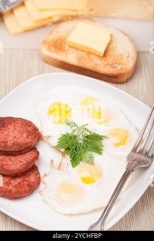 Petit déjeuner avec œufs au plat, saucisse et pain grillé sur l'assiette Banque D'Images