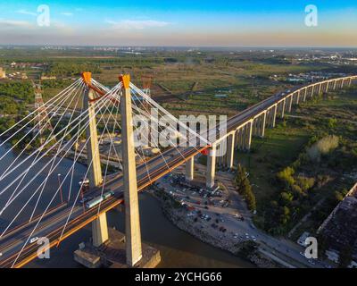 Détail des piliers du pont ferroviaire Zarate Brazo Largo sur la rivière Parana et l'autoroute dans la province de Buenos Aires Banque D'Images