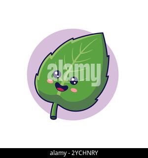Concept d'herbes fraîches. Mignon personnage de feuille de basilic Kawaii. Illustration d'icône de dessin animé vectoriel. Personnage de basilic. Illustration de Vecteur