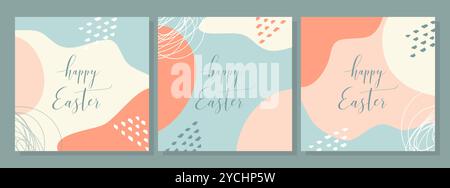 Affiches joyeuses de Pâques, bannière abstraite aux couleurs pastel de style boho, inscription en lettrage dessiné à la main. Illustration vectorielle Illustration de Vecteur