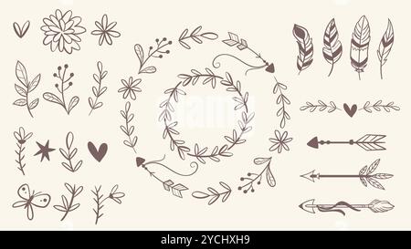 Ensemble décoratif floral mignon isolé sur blanc. Créez vos propres compositions en combinant les éléments isolés. Flèches, plumes, couronnes, brindilles et fleurs. Illustration de Vecteur