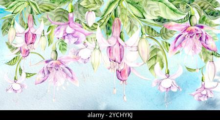 Fleur de fuchsia. Illustration aquarelle lumineuse dessinée à la main sur un fond de ciel aquarelle. Convient pour le décor et les textiles Banque D'Images