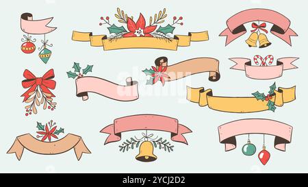 Bannières décoratives de Noël avec des articles décoratifs saisonniers. Complétez avec votre texte, parfait pour les étiquettes de Noël et les cartes de vœux. Dessiné à la main Illustration de Vecteur