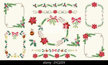 Éléments décoratifs floraux de Noël dessinés à la main. Cadres, couronnes, éléments isolés et séparateurs. Parfait pour la conception de cartes de vœux et étiquettes cadeaux. Illustration de Vecteur