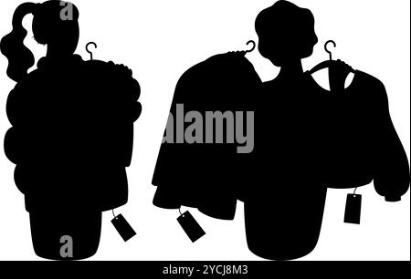 Journée shopping. Les femmes mignonnes choisissent et essaient des vêtements en solde. Silhouette isolée dessins noirs femme shopper sur fond blanc. Illustration vectorielle Illustration de Vecteur