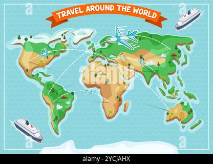 Une illustration vectorielle détaillée d'une carte du monde avec des couleurs vives, des frontières claires de pays, et des icônes de voyage, parfait pour la planification de voyage ou l'éducation Illustration de Vecteur