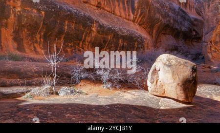 Fiery Furnace Shadow and Light jouant sur Rock dans le parc national Arches Moab Utah Banque D'Images