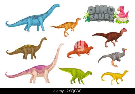 Personnages de dinosaures de dessins animés d'animaux dinosaures préhistoriques, reptiles jurassiques, oiseaux et bébé dinosaures en coquille d'œuf. Vecteur drôle edaphosaurus, pelecanimimus et kileskus, paralititan géant et cetiosaurus Illustration de Vecteur