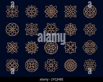 Fleurs art déco, éléments vectoriels de motif floral de ligne d'or de la bordure de cadre d'invitation de mariage. Ensemble de fleurs d'ornement boho de luxe vintage, fleurs d'été élégantes avec motif géométrique art déco Illustration de Vecteur