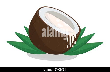 Moitié de noix de coco avec des feuilles et verser du lait, illustration colorée vectorielle Illustration de Vecteur