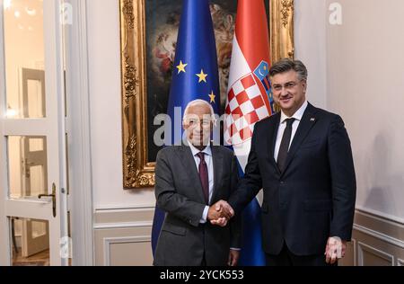 Zagreb, Croatie. 23 octobre 2024. Le premier ministre croate Andrej Plenkovic a reçu le président nouvellement élu du Conseil européen, António Costa, en visite officielle, à Zagreb, en Croatie, le 23 octobre 2024. Photo : Josip Regovic/PIXSELL crédit : Pixsell/Alamy Live News Banque D'Images