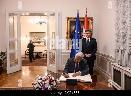 Zagreb, Croatie. 23 octobre 2024. Le premier ministre croate Andrej Plenkovic a reçu le président nouvellement élu du Conseil européen, António Costa, en visite officielle, à Zagreb, en Croatie, le 23 octobre 2024. Photo : Josip Regovic/PIXSELL crédit : Pixsell/Alamy Live News Banque D'Images