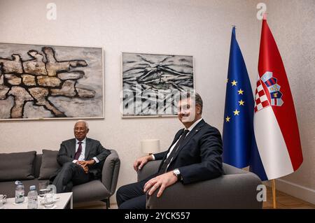 Zagreb, Croatie. 23 octobre 2024. Le premier ministre croate Andrej Plenkovic a reçu le président nouvellement élu du Conseil européen, António Costa, en visite officielle, à Zagreb, en Croatie, le 23 octobre 2024. Photo : Josip Regovic/PIXSELL crédit : Pixsell/Alamy Live News Banque D'Images