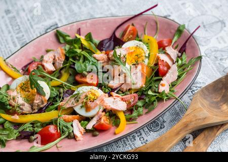 Salade avec saumon et verdure dans une assiette rose sur fond de journal rétro Banque D'Images