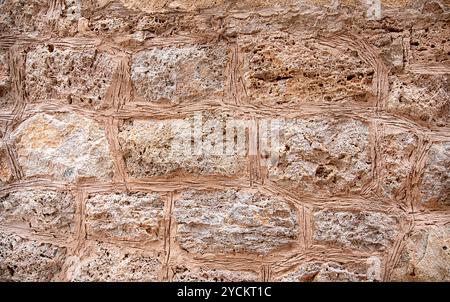 Photographie de fond du mur grunge de la vieille maison à Majorque, Espagne, clôture ; ciment ; béton; motif abstrait ; texturé ; terre cuite Banque D'Images