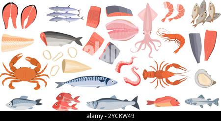 Ensemble de fruits de mer. Water Life poissons huître pour les produits marins de coquillages de restaurant photos de fruits de mer vectorielles récentes vue de dessus Illustration de Vecteur