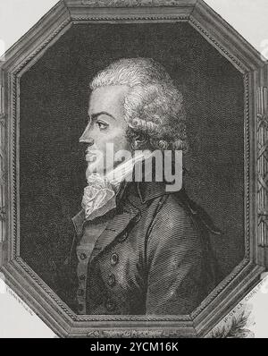 Antoine Barnave (Antoine-Pierre-Joseph-Marie Barnave) (1761-1793) Politicien français. Élu député du tiers État aux États généraux en 1789. Défenseur de la monarchie constitutionnelle et cofondateur du Club Feuillants. Portrait. Dessin de Hippolyte de la Charlerie. Gravure par Pannemaker. "Histoire de la Révolution française". Volume I, 1876. Banque D'Images