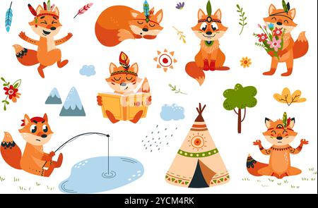 Renard forestier tribal. Renards de style ethnique, animal sauvage rouge en couronne de plumes avec des fleurs. Éléments de la nature, ensemble vectoriel classe d'animaux de forêt de boho Illustration de Vecteur